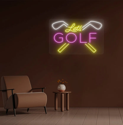 Image of a bright blue lets golf neon sign for sports mounted wall in pink color.