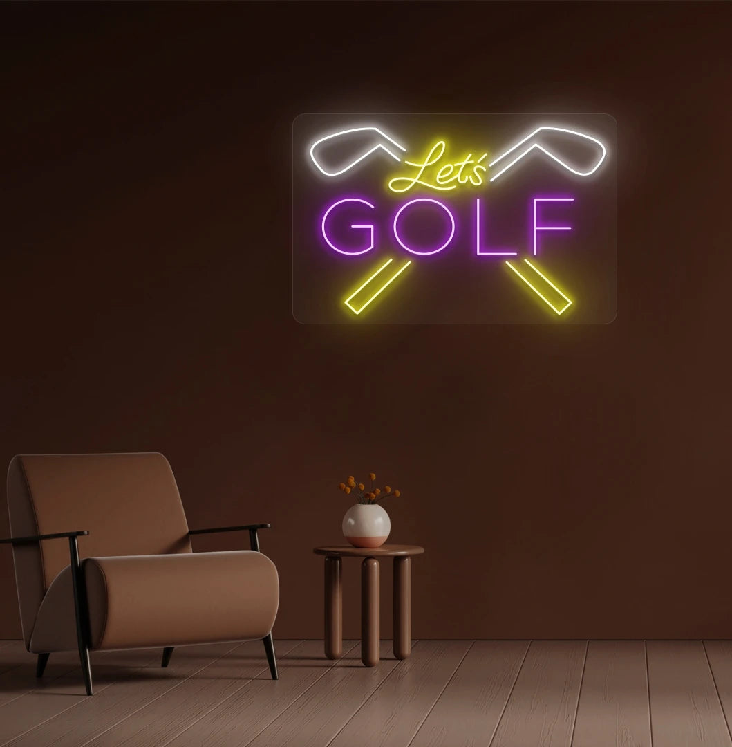 Trendy lets golf neon sign in purple mounted on wall. Perfect for golf clubs & lounges, sports bars, game rooms, entertainment spaces and clubhouses.