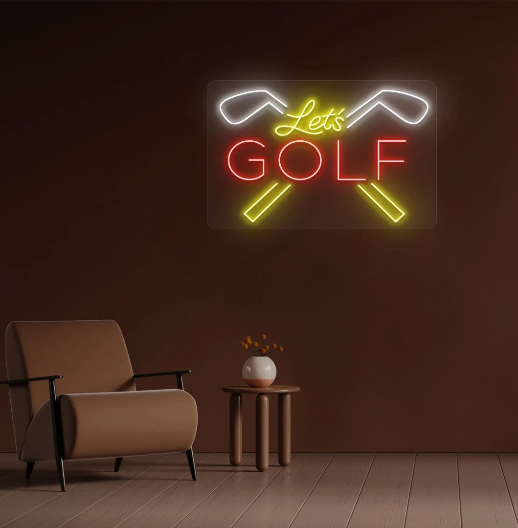 Image of a bright blue lets golf neon sign for sports mounted wall in red color.