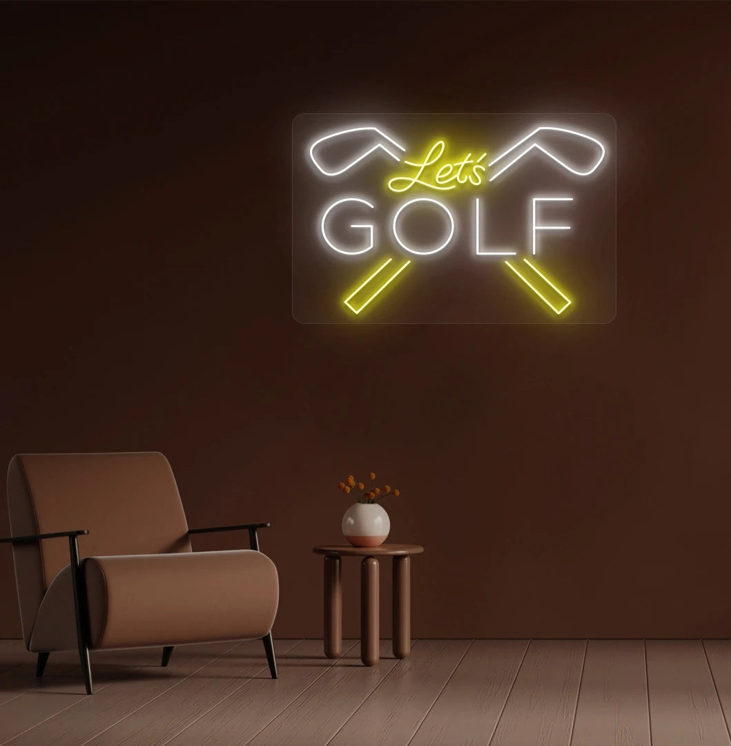 Image of a bright blue lets golf neon sign for sports mounted wall in white color.
