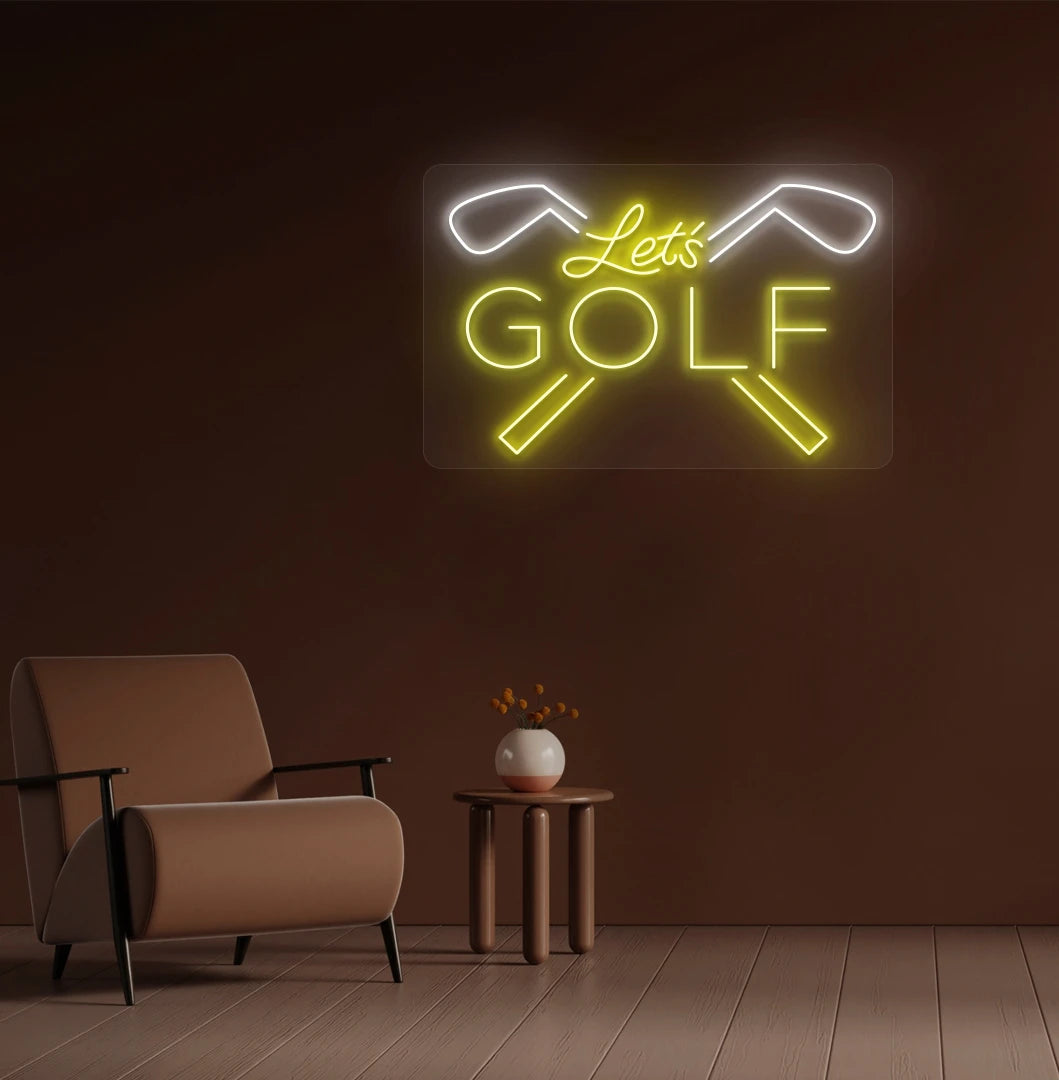 Image of a bright blue lets golf neon sign for sports mounted wall in yellow color.