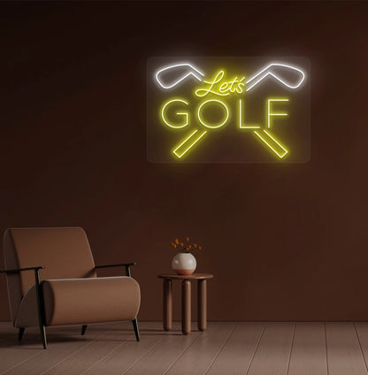 Image of a bright blue lets golf neon sign for sports mounted wall in yellow color.
