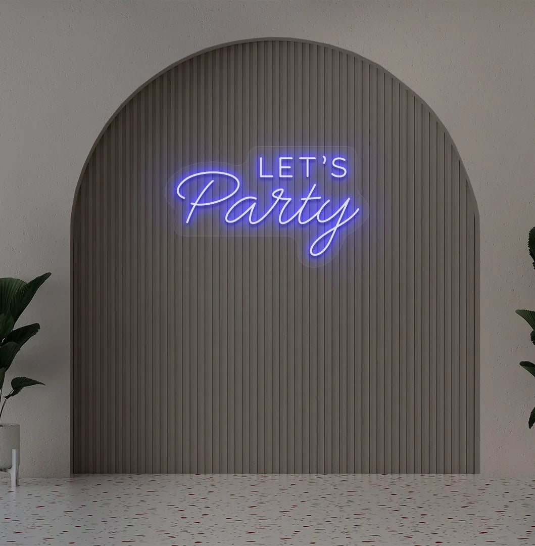 Party-themed Let's Party neon sign mounted on modern event wall in blue color.