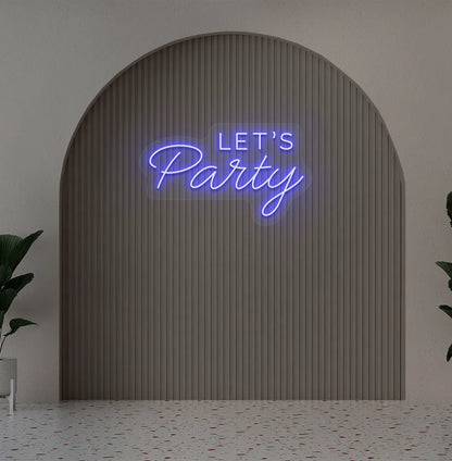 Party-themed Let's Party neon sign mounted on modern event wall in blue color.
