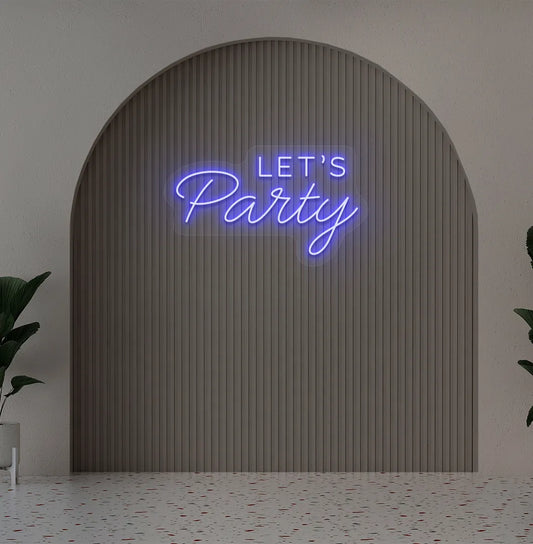 Party-themed Let's Party neon sign mounted on modern event wall in blue color.