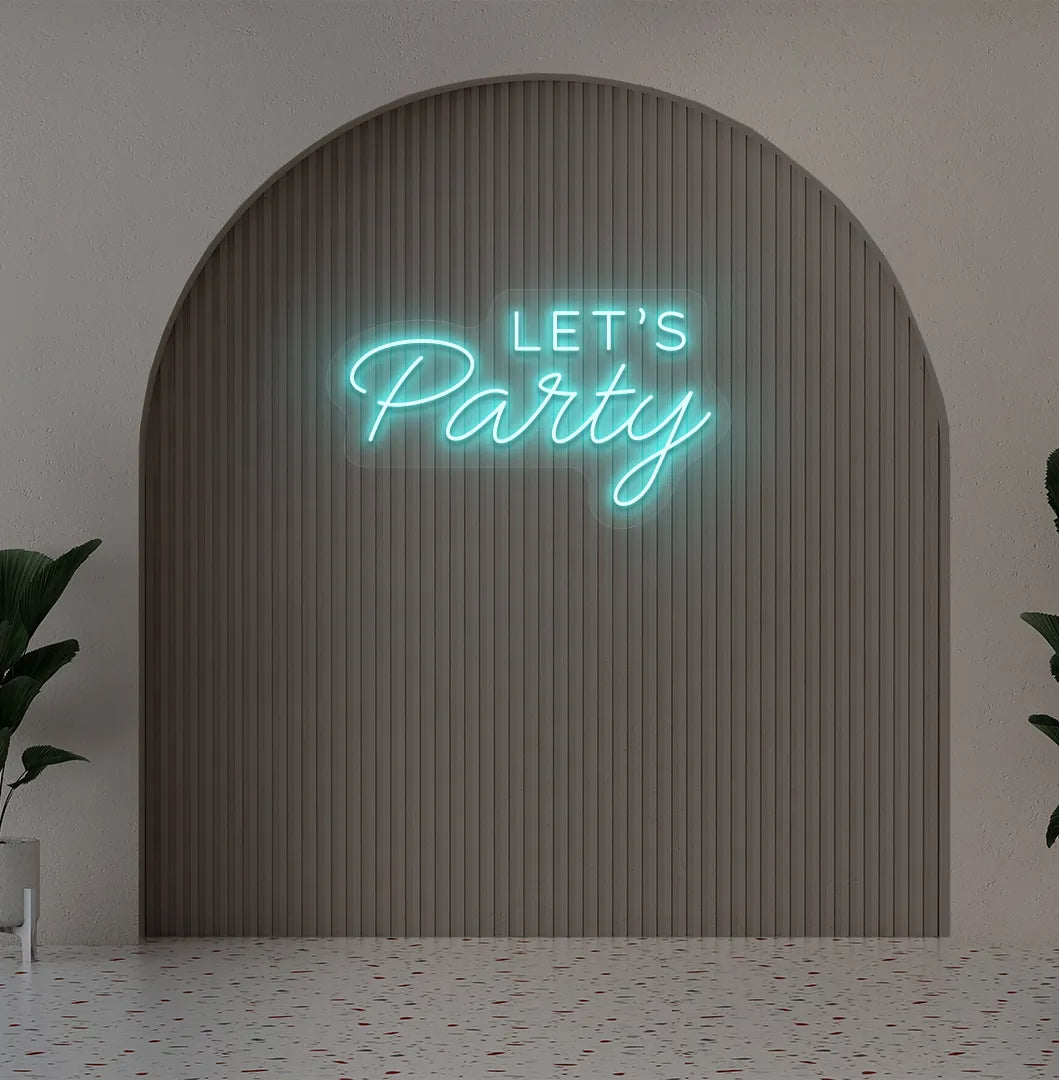 Party-themed Let's Party neon sign mounted on modern event wall in ice blue color.