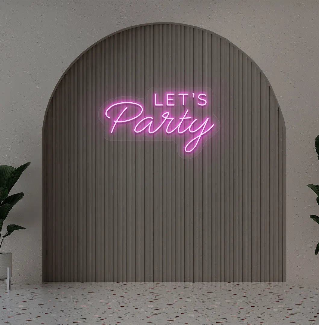 Image of a festive Let's Party purple neon sign glowing on decorative wall.