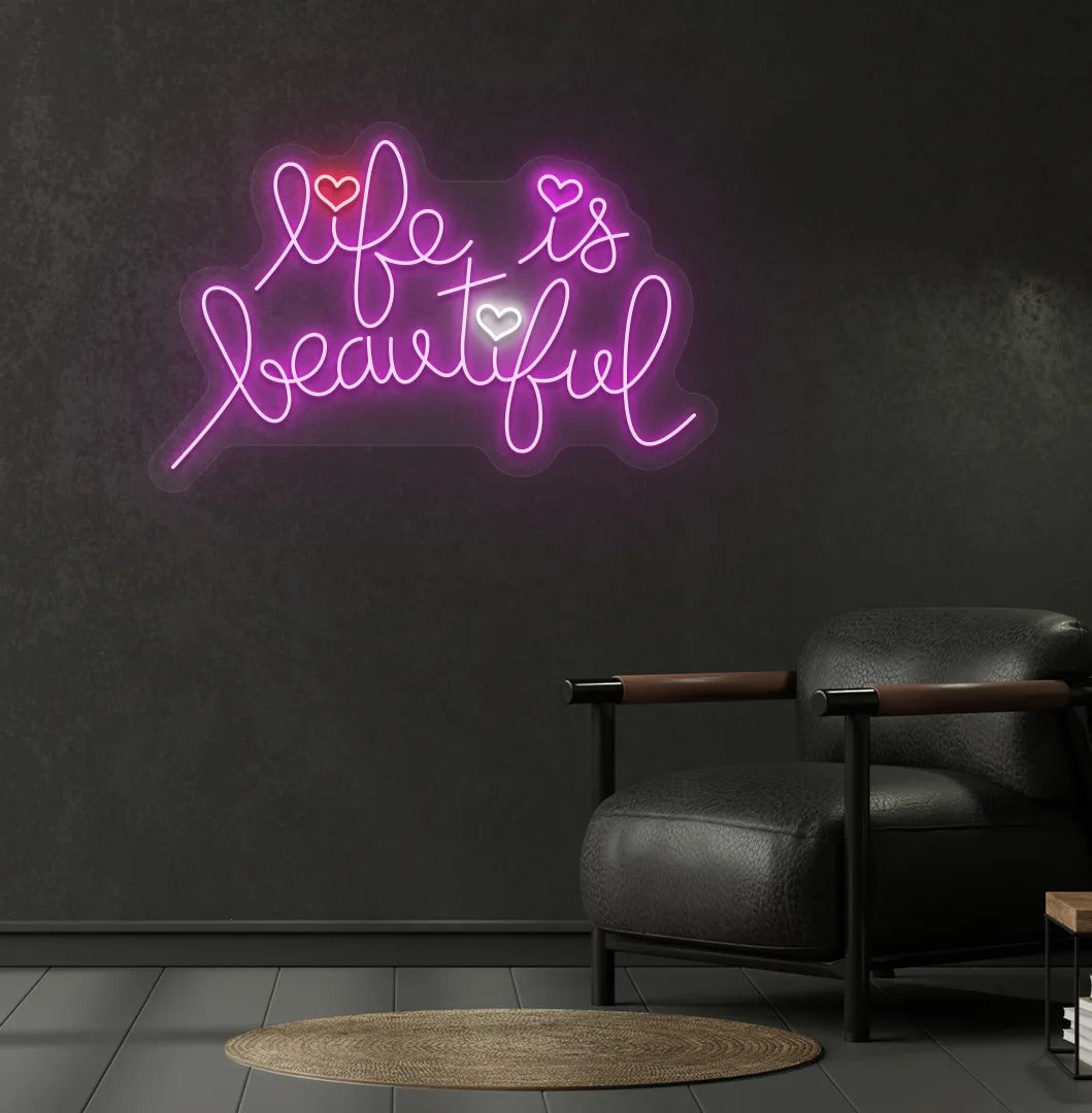 Trendy Life Is Beautiful neon sign mounted on aesthetic bedroom wall in purple color.