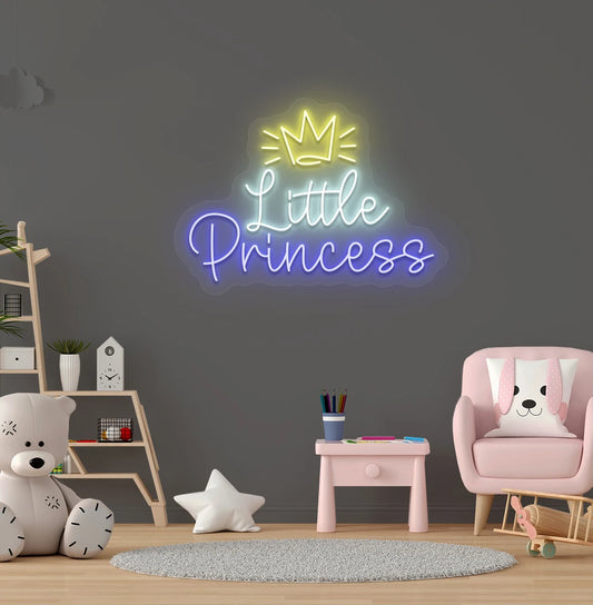 Bright blue little princess crown neon sign for kid's room wall decor.