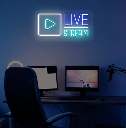 Image of a live stream LED neon sign in blue color mounted on gaming room wall.