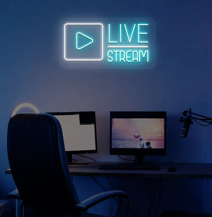 Image of a live stream LED neon sign in ice blue color mounted on gaming room wall.