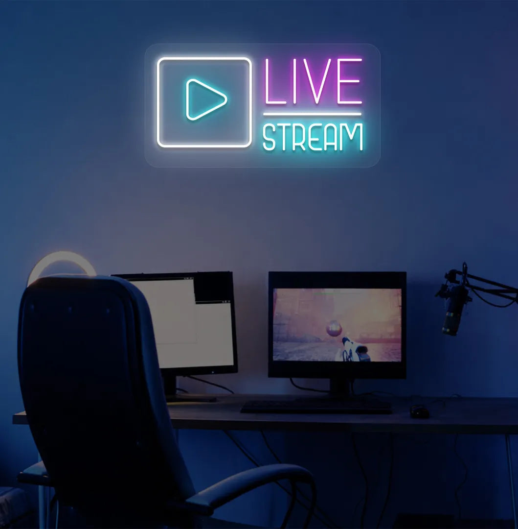 Image of a live stream LED neon sign in pink color mounted on gaming room wall.