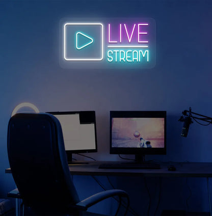 Image of a live stream LED neon sign in pink color mounted on gaming room wall.