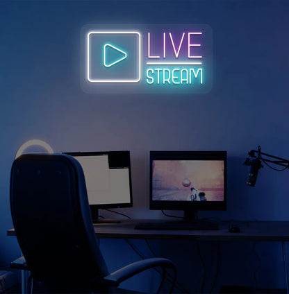 Stylish live stream neon sign in purple mounted on gaming room wall.