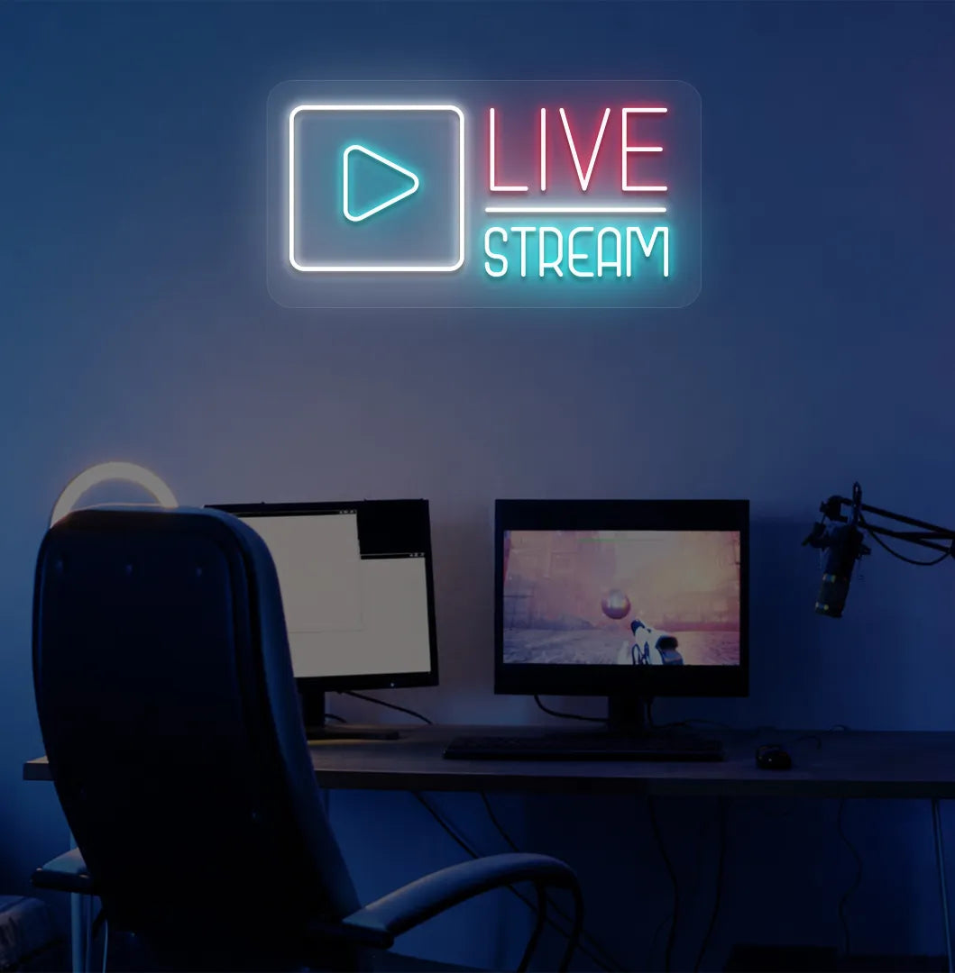 Image of a live stream LED neon sign in red color mounted on gaming room wall.