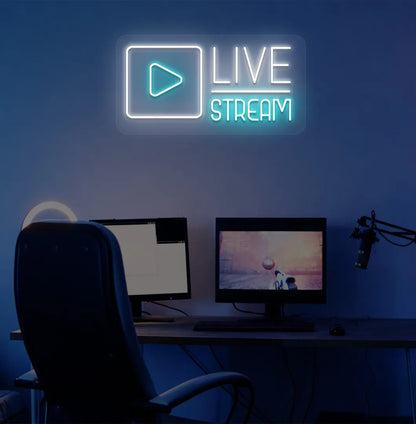 Image of a live stream LED neon sign in white color mounted on gaming room wall.