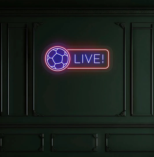Image of a bright blue "live with football" neon sign for sports room.