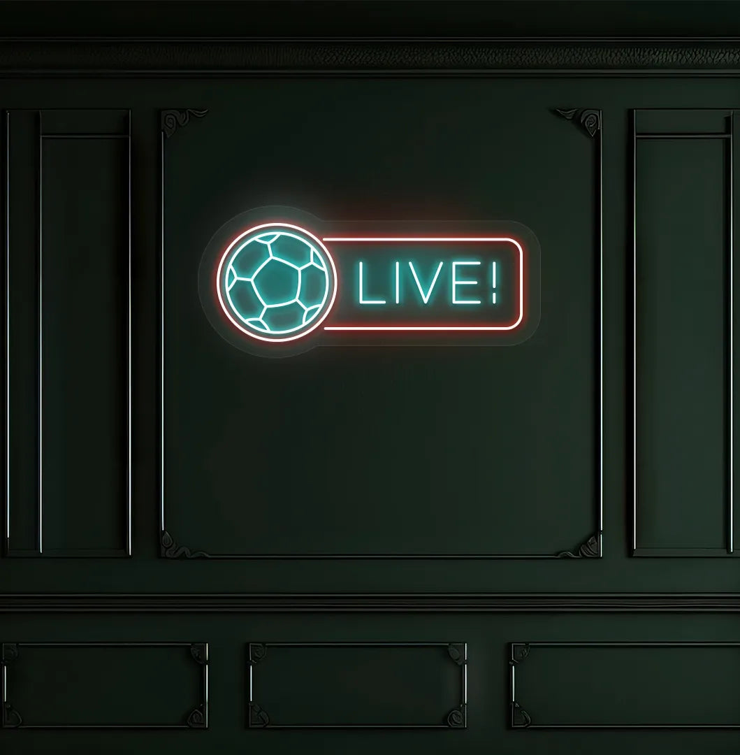 Image of a bright ice blue "live with football" neon sign for sports room.