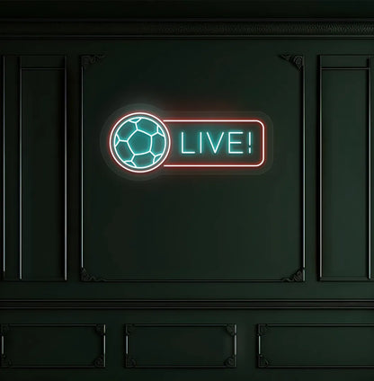 Image of a bright ice blue "live with football" neon sign for sports room.