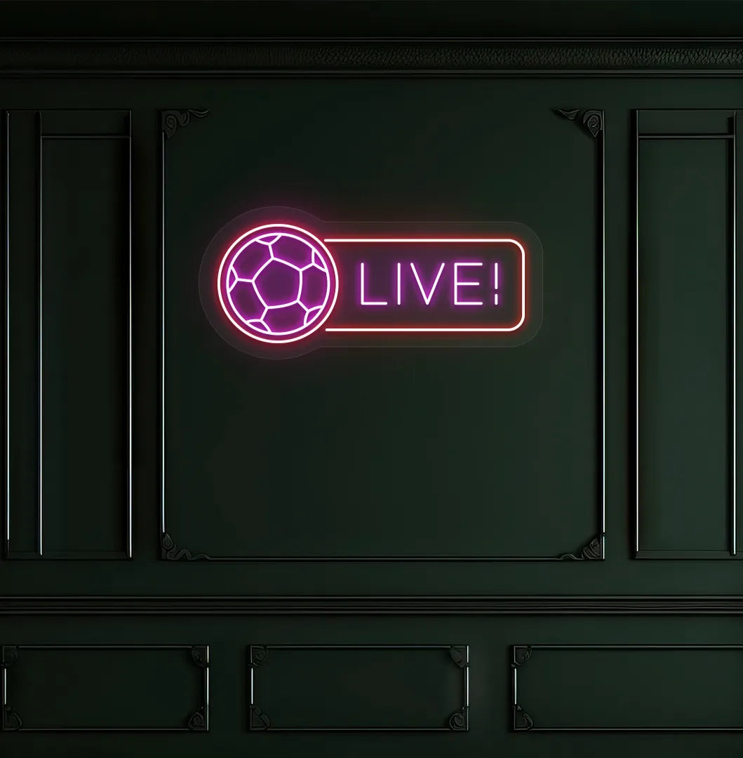 Image of a bright pink "live with football" neon sign for sports room.