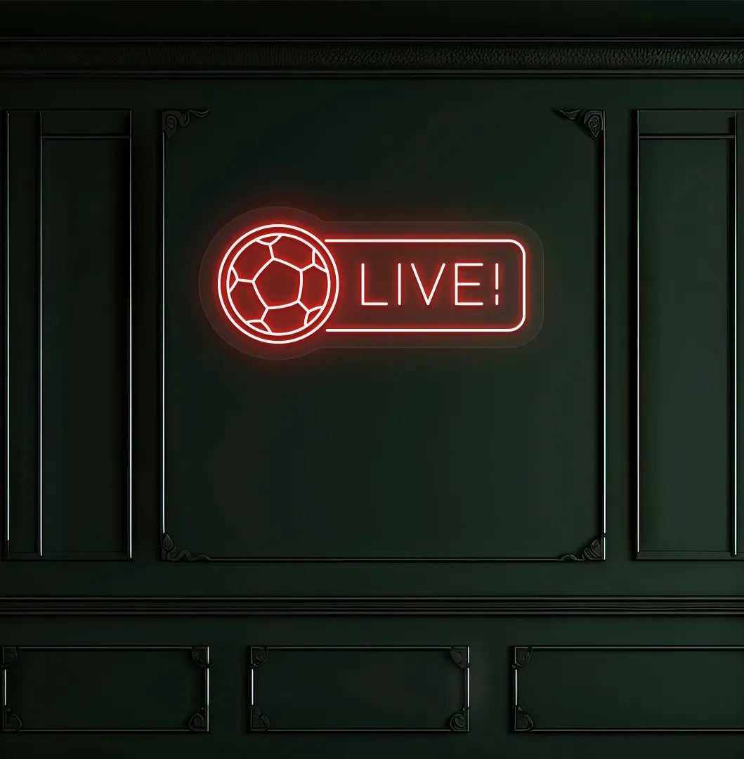 Image of a bright red "live with football" neon sign for sports room.