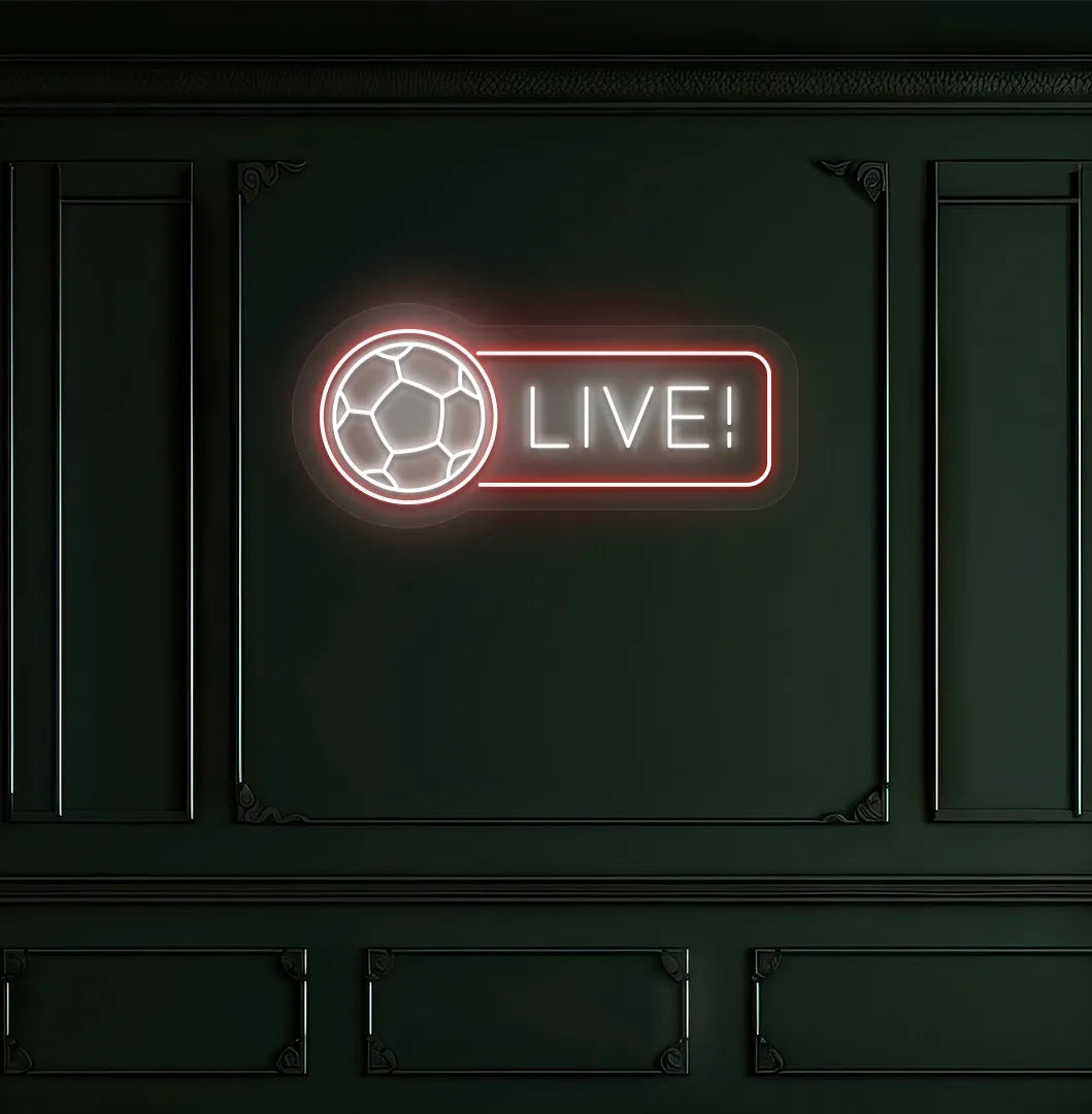 Image of a bright white "live with football" neon sign for sports room.