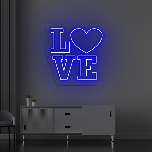 Image of a love neon sign glowing on a wall in blue color.