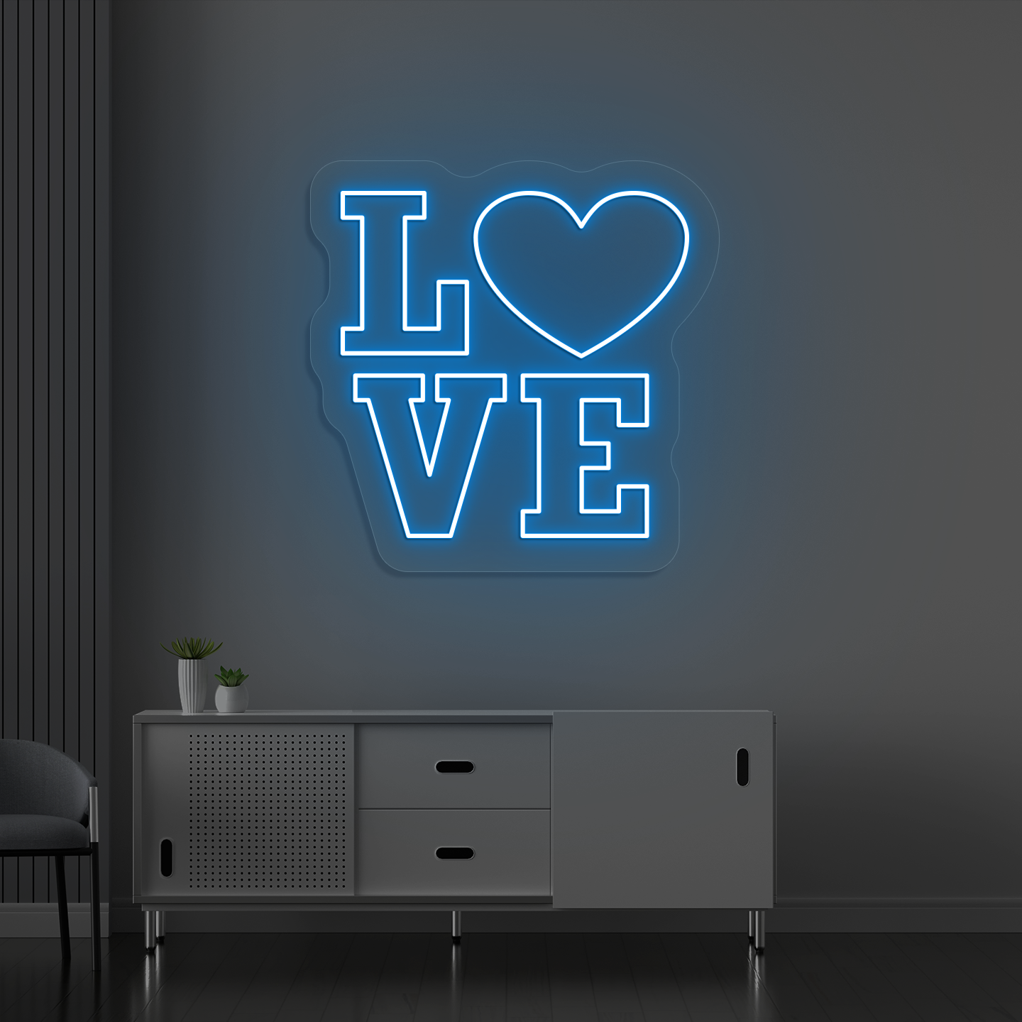 Image of a love neon sign glowing on a wall in ice blue color.