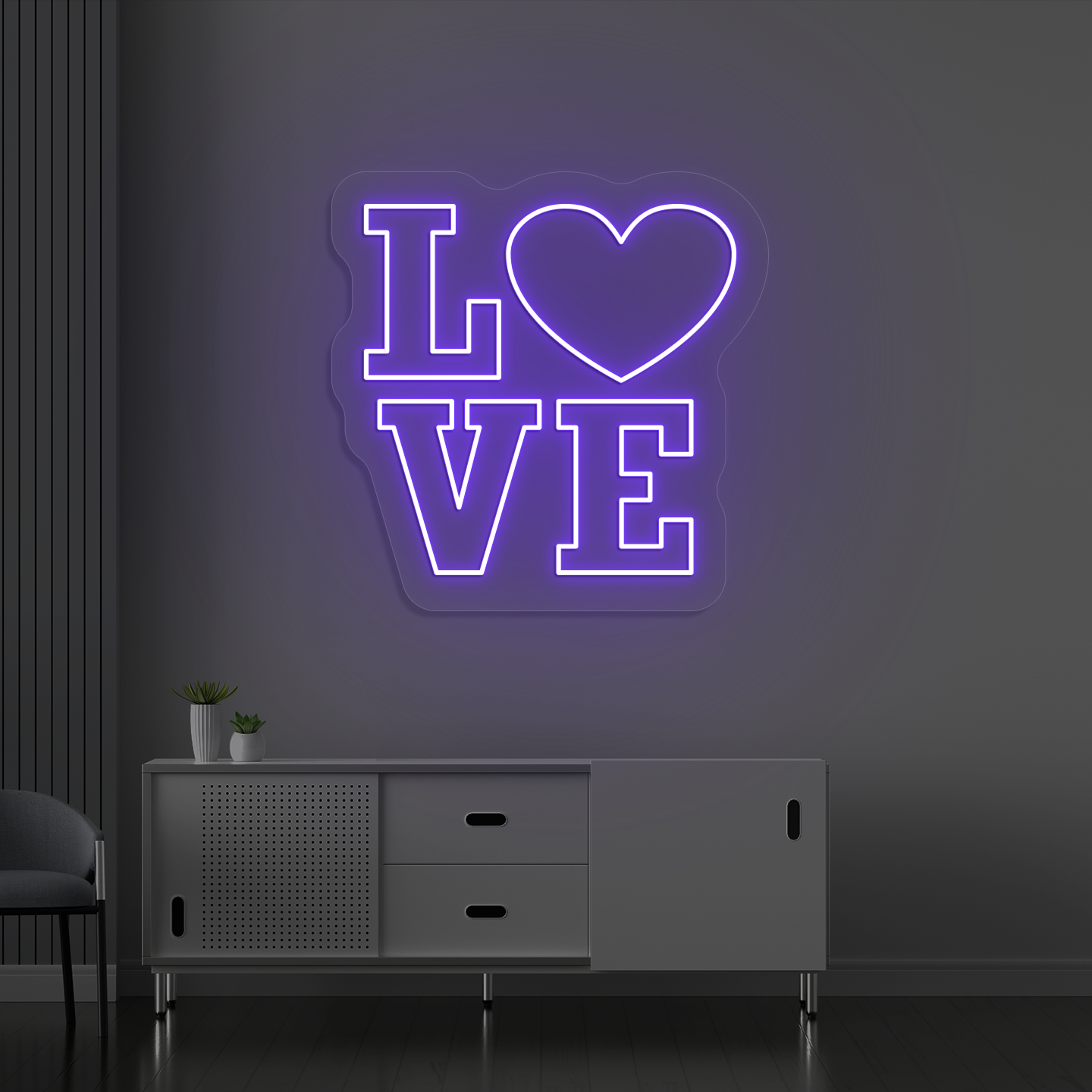 Romantic purple LED love neon sign glowing on a wall.