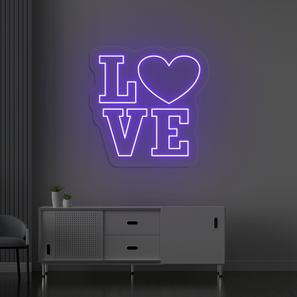 Romantic purple LED love neon sign glowing on a wall.