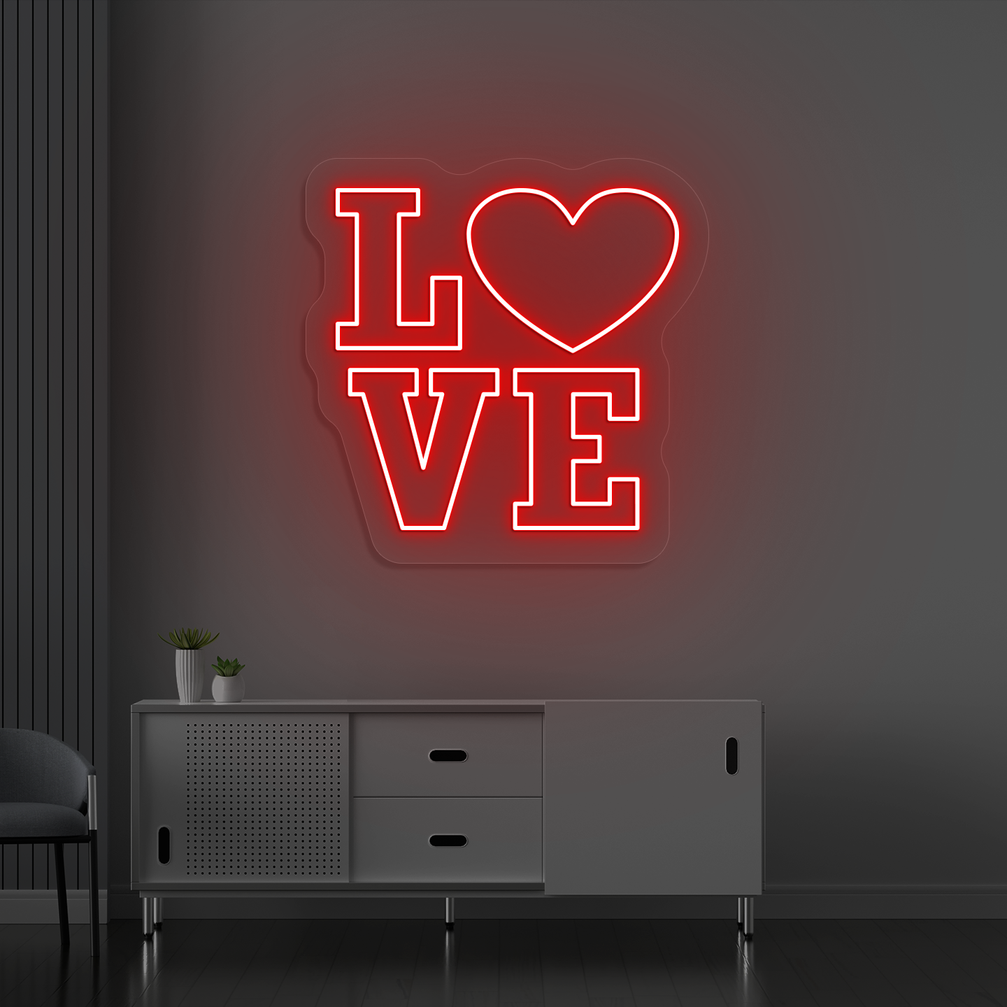 Image of a love neon sign glowing on a wall in red color.