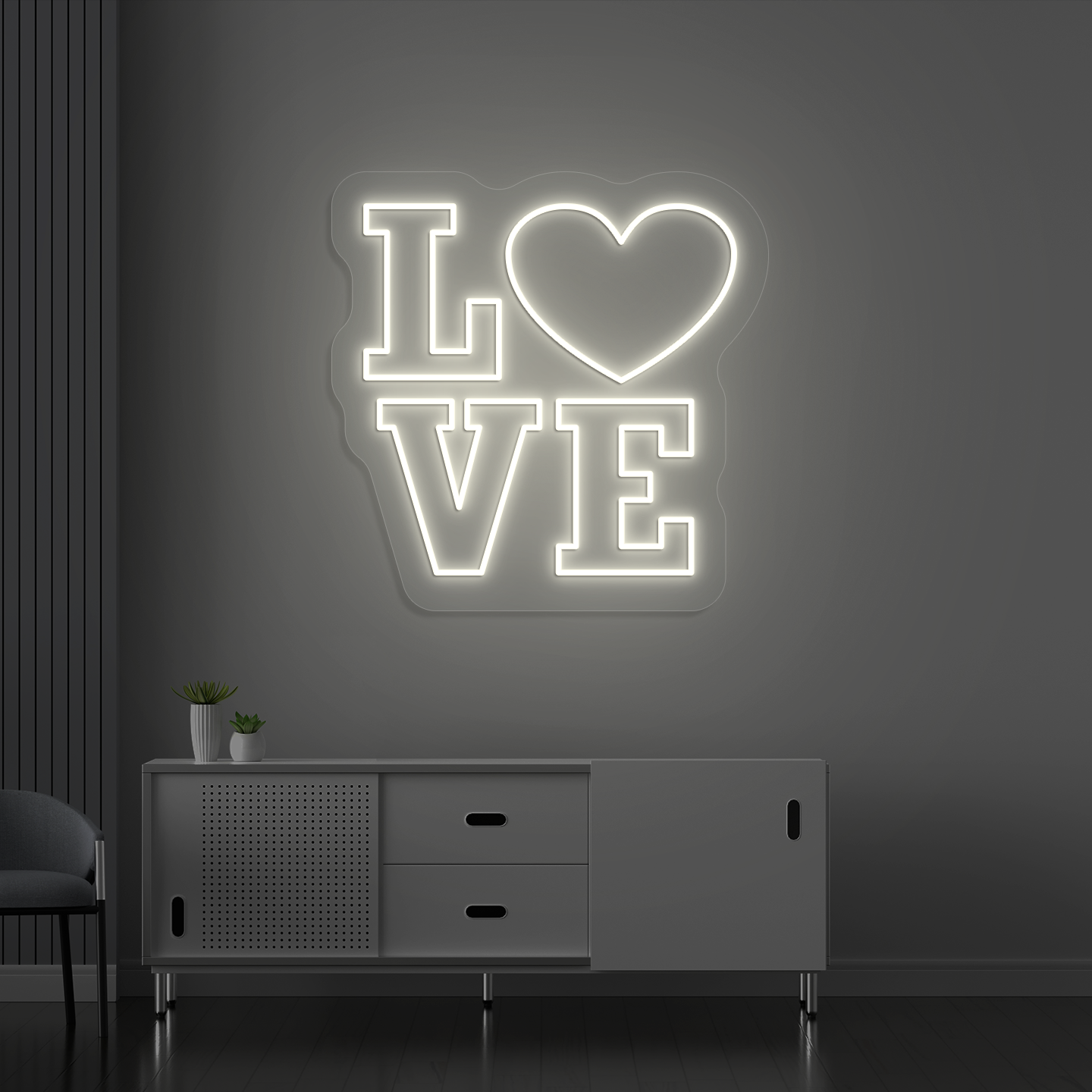 Romantic warm white LED love neon sign glowing on a wall.