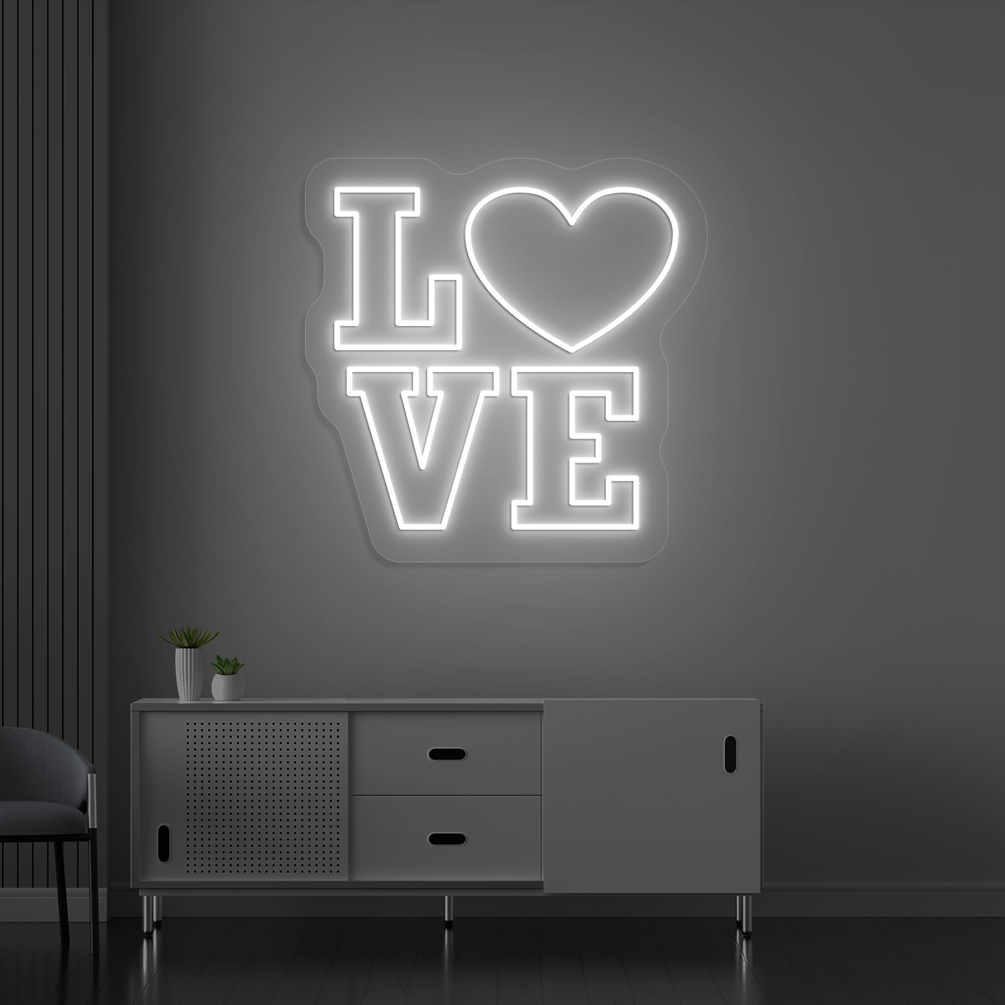 Image of a love neon sign glowing on a wall in white color.