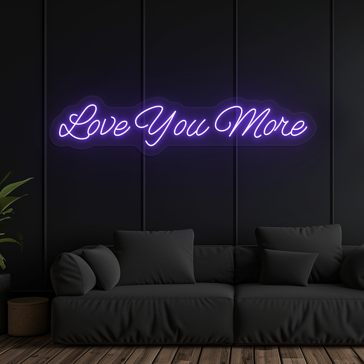 Aesthetic wall with "love you more" neon sign glowing purple.