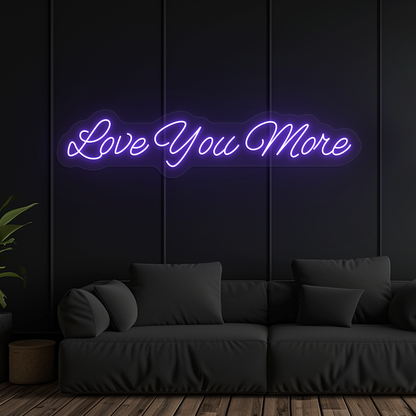 Aesthetic wall with "love you more" neon sign glowing purple.