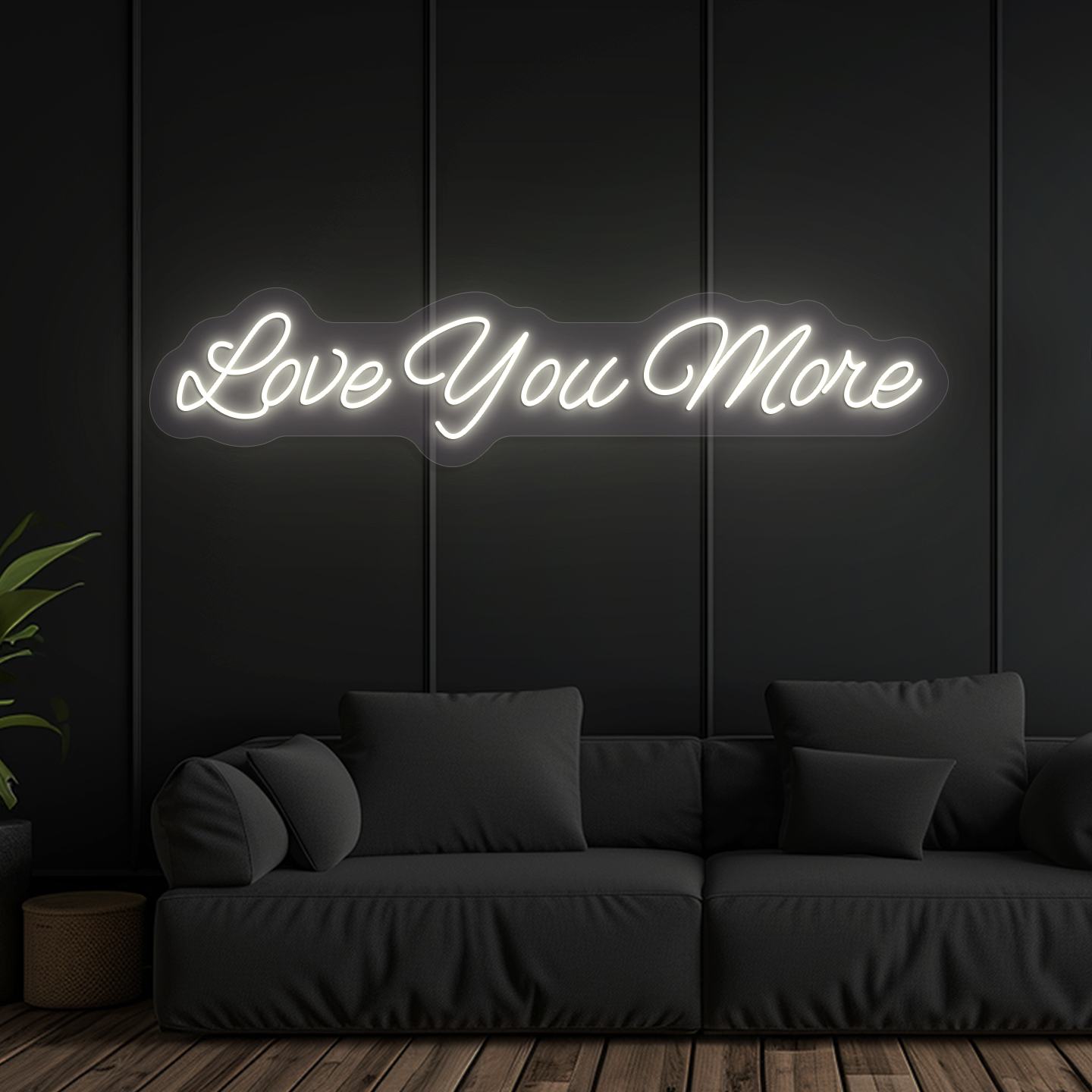 Aesthetic wall with "love you more" neon sign glowing warm white.