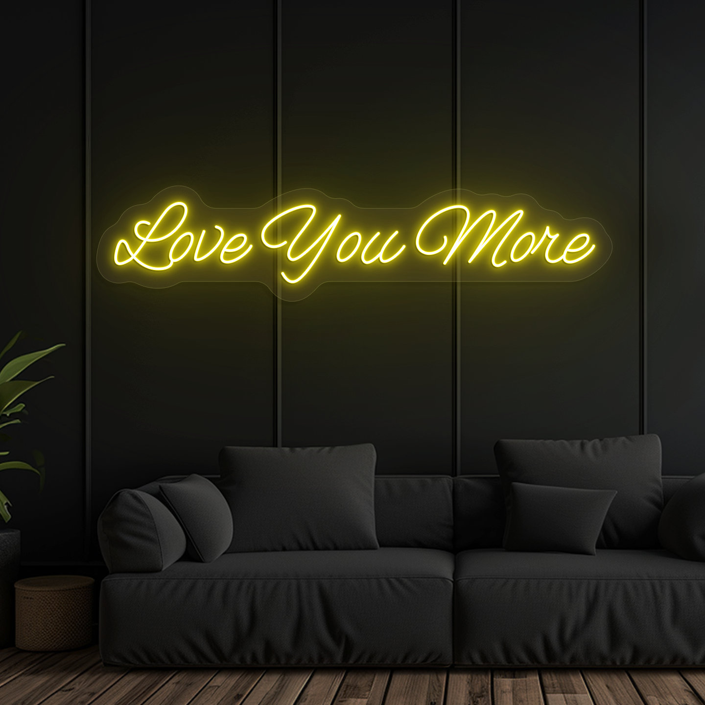 Aesthetic wall with "love you more" neon sign glowing yellow.