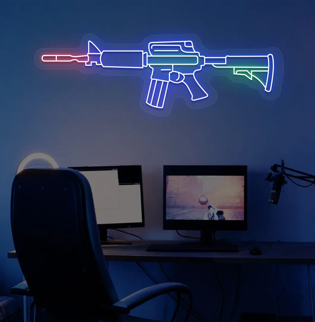 Image of a M416 gaming gun neon sign in blue color mounted on gaming room wall.