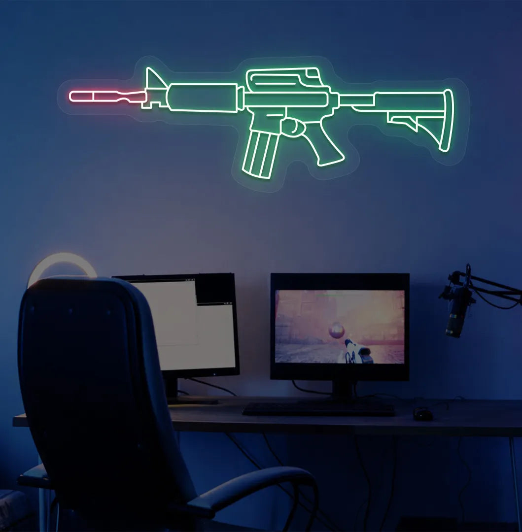 Stylish M416 gaming gun neon sign in green mounted on gaming room wall.