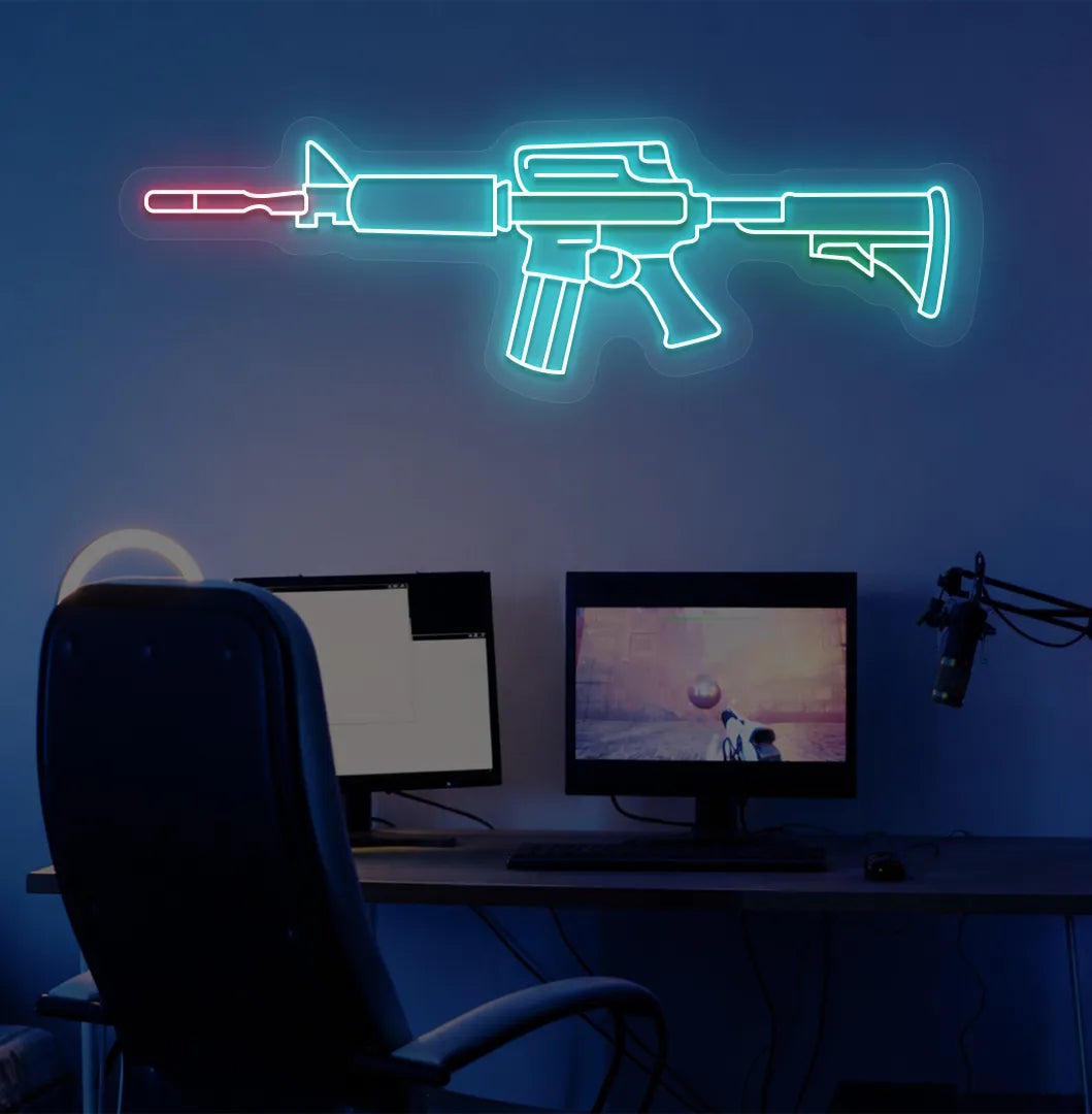 Image of a M416 gaming gun neon sign in ice blue color mounted on gaming room wall.
