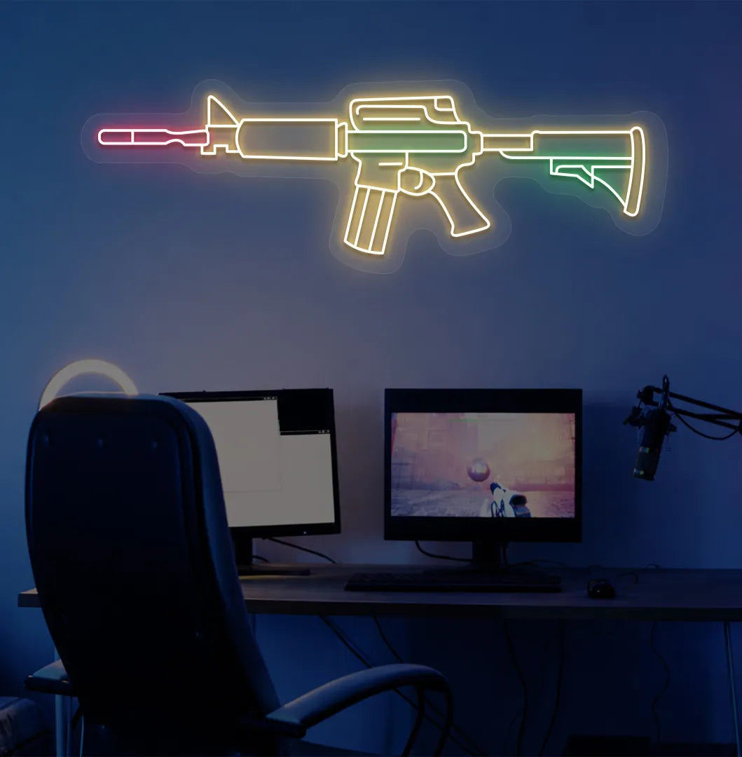 Stylish M416 gaming gun neon sign in orange mounted on gaming room wall.