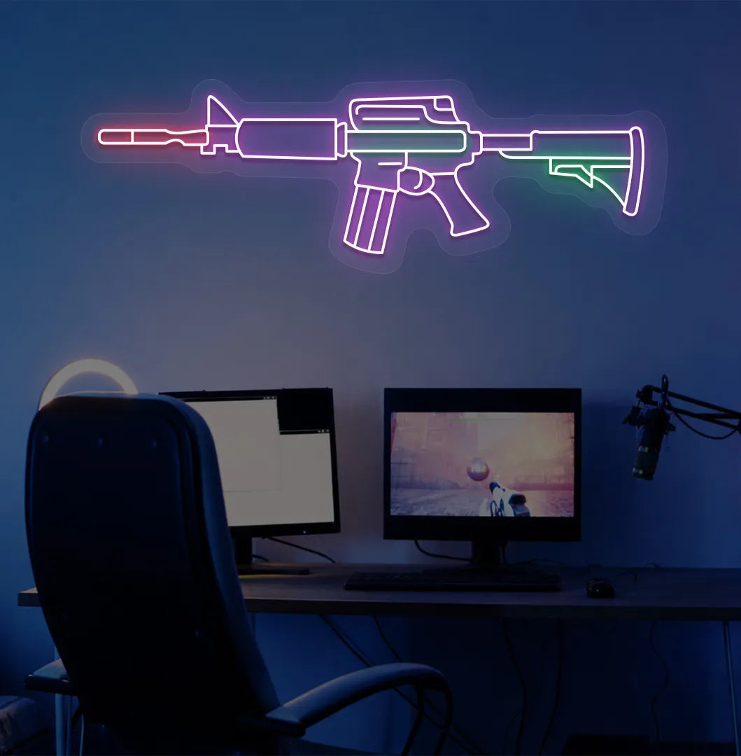 Stylish M416 gaming gun neon sign in purple mounted on gaming room wall.