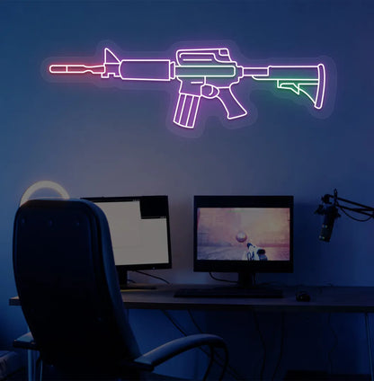Stylish M416 gaming gun neon sign in purple mounted on gaming room wall.