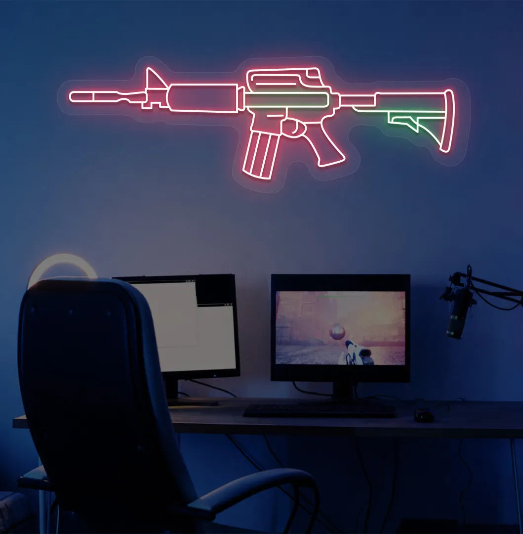 Image of a M416 gaming gun neon sign in red color mounted on gaming room wall.