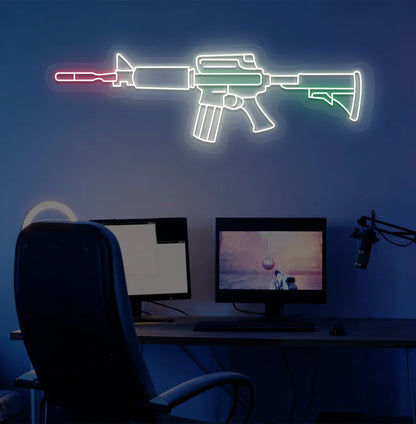 Stylish M416 gaming gun neon sign in warm white mounted on gaming room wall.