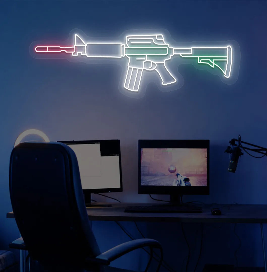Image of a M416 gaming gun neon sign in white color mounted on gaming room wall.
