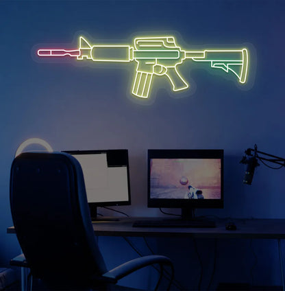 Stylish M416 gaming gun neon sign in yellow mounted on gaming room wall.