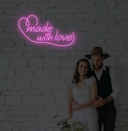 Bright purple made with Love neon sign for wedding backdrop decoration.