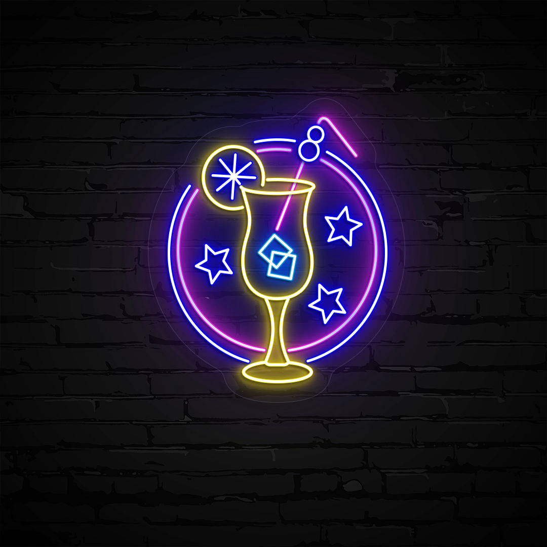 Stylish margarita with a lime neon sign glowing multicolor on wall.