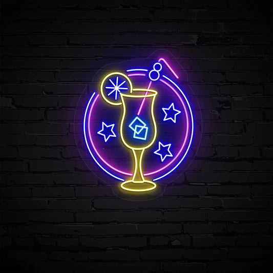 Stylish margarita with a lime neon sign glowing multicolor on wall.